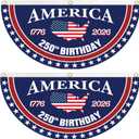 250 Year Anniversary Patriotic Fan Bunting Banner 1776–2026, USA Map Flag Design with Stars, 3x6 FT Large Outdoor Decoration, Brass Grommets, 2 Pack