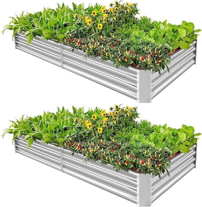 Land Guard 2 Pack 841ft Galvanized Metal Raised Garden Bed, Metal Planter Kit Box Outdoor for Deep-Rooted Vegetables, Flowers, Green and Herbs (Silver)