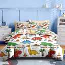 Nesker Dinosaur Comforter Set Twin Size, 5 Pieces Bed in a Bag, Dinosaur Cartoon Bedding Set for Boys, Construction Truck Excavator Comforter Set with 1 Pillowcase & 1 Sham