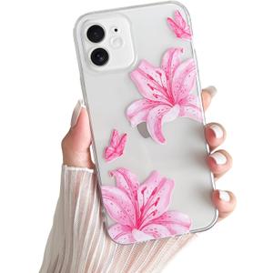 Skyseaco for iPhone 11 Case, Clear Cute Butterfly Lily Floral Flower Phone Case for Women Girls, Clear Slim Camera Lens Shockproof Protection Phone Cover, HotPink