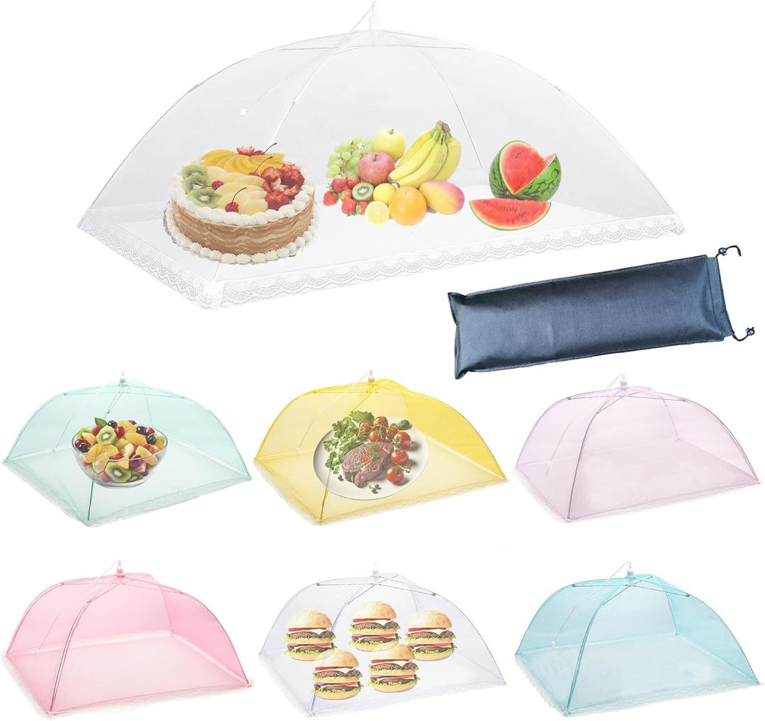 Food Covers for Outside Mesh,1 Pack 40"X24" Extra Large Food Net + 6 Pack Colorful 17"X17" Pop Up Mesh Food Tent Fly Covers Mesh Food Covers for Outdoors Picnic Pool Party BBQ Supplies