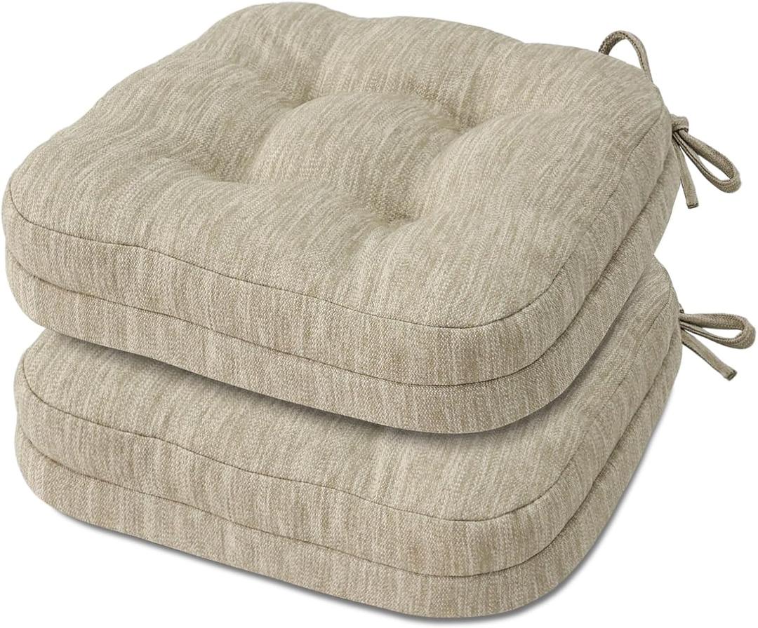 Shinnwa Dining Chair Cushions Set of 2, Dual-Layer Memory Foam Kitchen Chair Cushions, Patented Design Seat Pads with Ties, 16.5 x 16.5 x 3.5in, 2 Pack, Beige