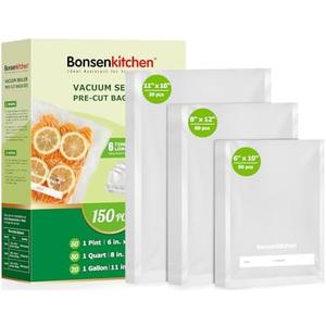 Bonsenkitchen Precut Vacuum Sealer Bags, 20 Gallon 11" x 16"+ 80 Quart 8" x 12"+ 50 Pint 6" x 10", Commercial Grade, BPA Free, Food Sealer Bags for Vac Storage, Meal Prep or Sous Vide Cooking, VB15