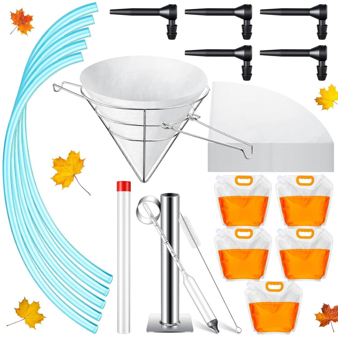 Teenyyou 99pcs Maple Syrup Tapping Kit Include (5) taps, (5)3' Tubing, (5)5l Bags, (81) Deep Fryer Oil Cone Filter with Stand, Stainless Steel Test Cup with Cleaning Brush Maple Syrup Hydrometer Kit