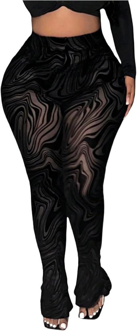 Floerns Women's Plus Size High Waist Sheer Tights Marble Print Split Hem Long Pants (Black) XL