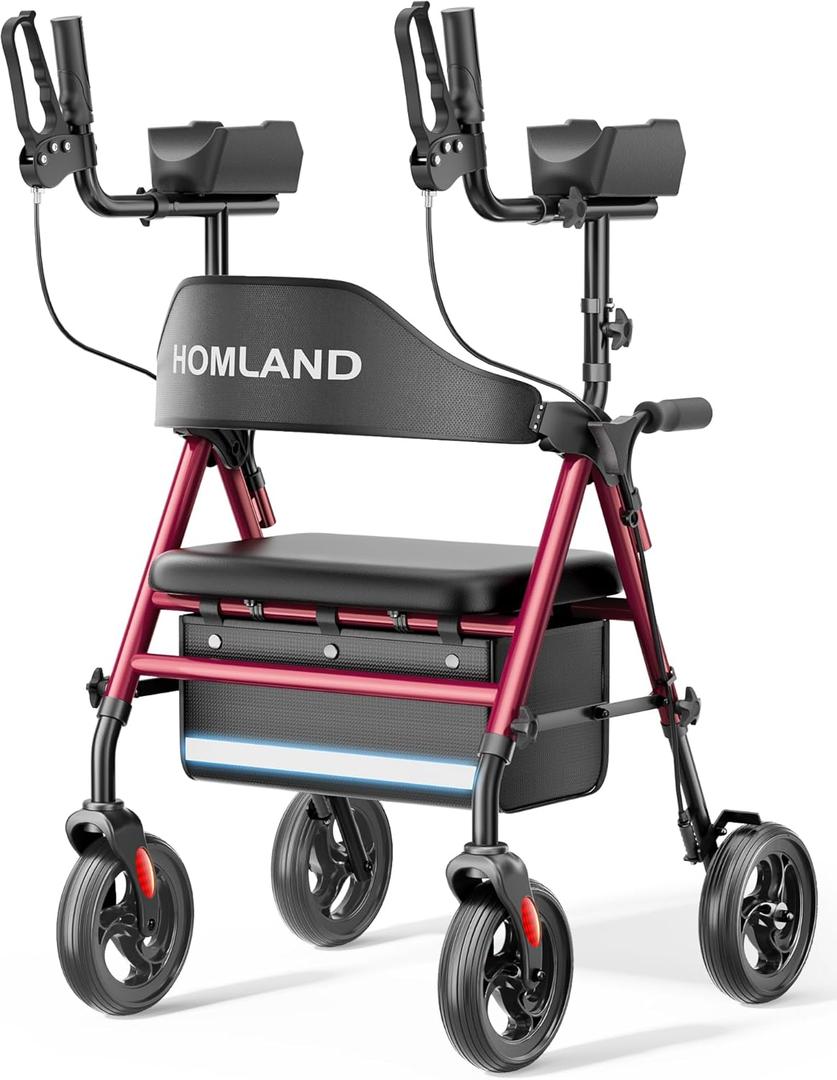 Upright Walkers for Seniors, Stand Up Rollator Walker with Adjustable Padded Armsupport & Seat, Folding Rolling Walker with 8'' Wheel Suitable for All Terrain, Red