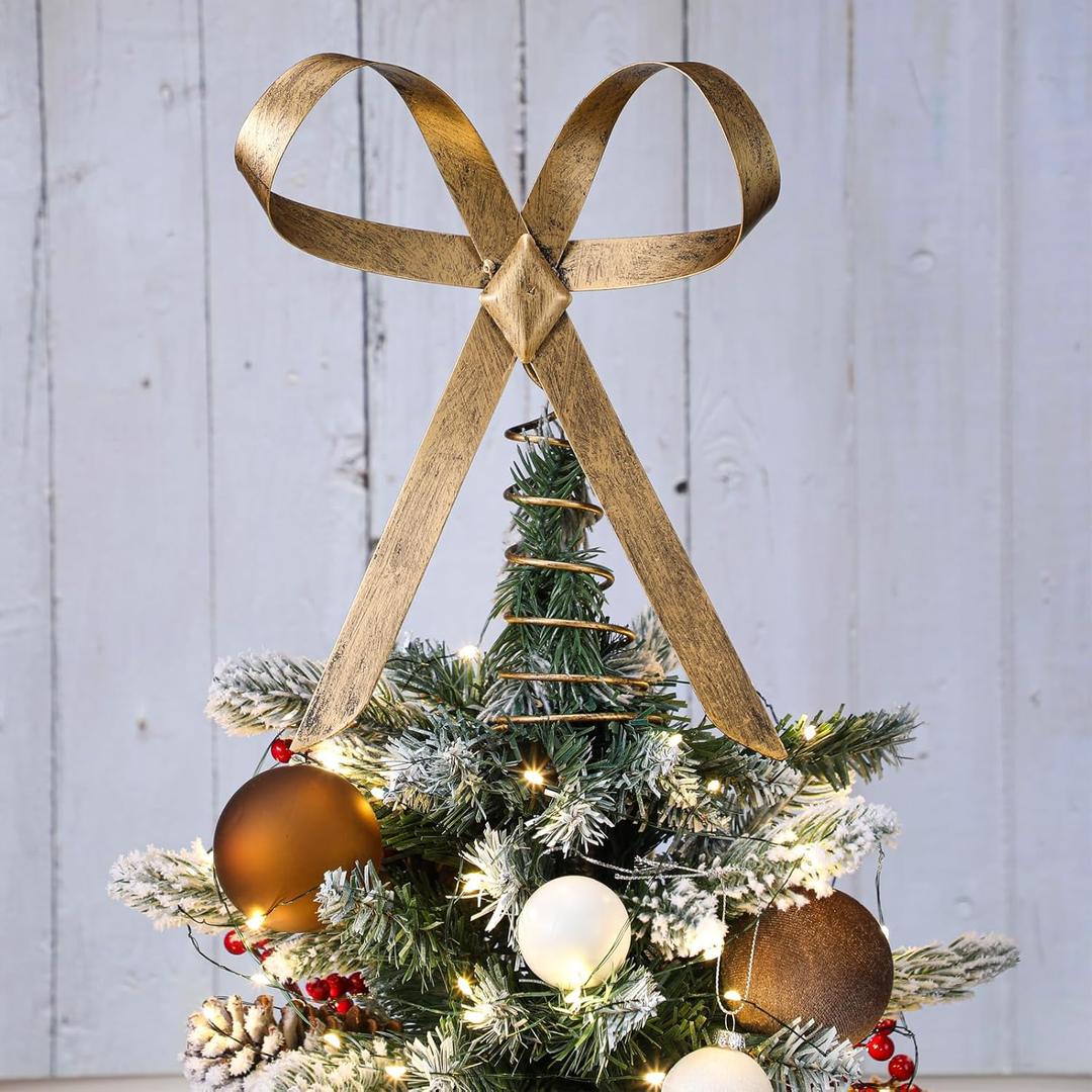 Retisee 9.8inch Large Brass Bow Christmas Tree Topper Vintage Metal Christmas Tree Topper Gold Bow Rustic Neutral Xmas Decoration for Xmas Indoor Outdoor Decor