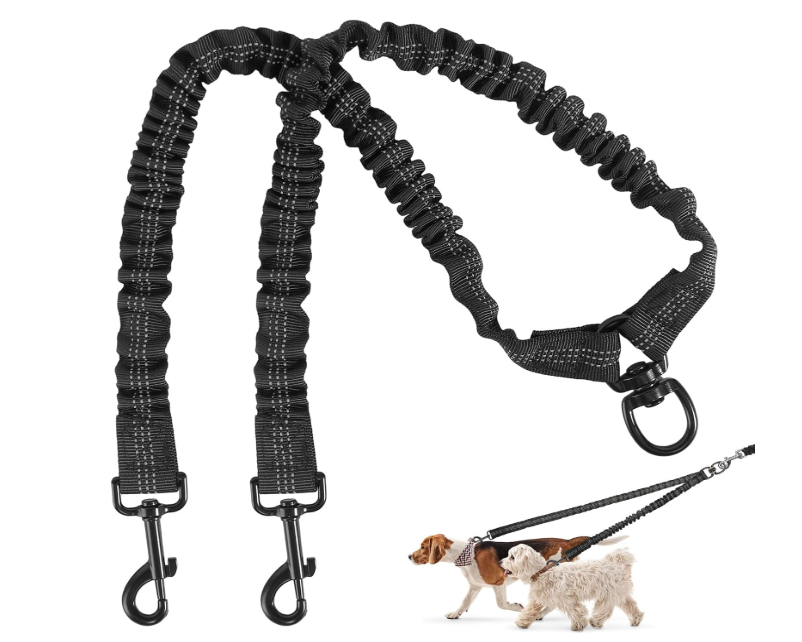 2 Dog Leash, Dog Leash for 2 Dogs, 360° Swivel No Tangle Double Walking Training Leashes for Small Dogs, Comfortable Shock Absorbing Reflective Bungee, Black