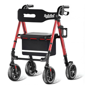 Walkers for Seniors Taller 5.3~7ft, Lightweight Foldable Rollator Walker, Built in Cable, Reinforced Aluminum Frame, 8" Big Rubber Wheels for All Terrain, 350lb Weight Capacity, Burgundy