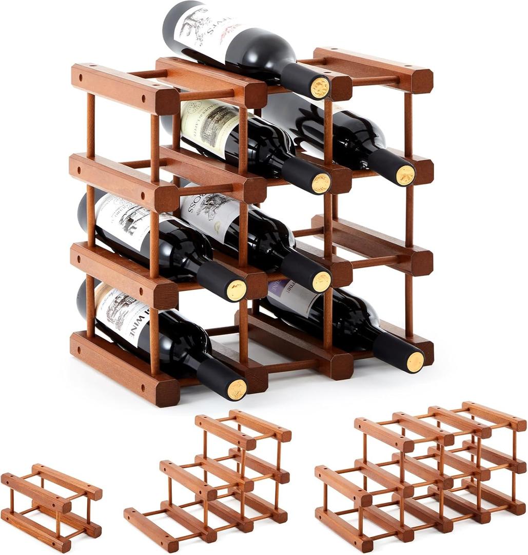 Juexica 1 Pcs 12 Bottles Wooden Wine Rack for Inside Cabinet Stackable Countertop Modular Wine Storage Rack DIY Assembly Bottle Holder for Cellar (Wooden Color)