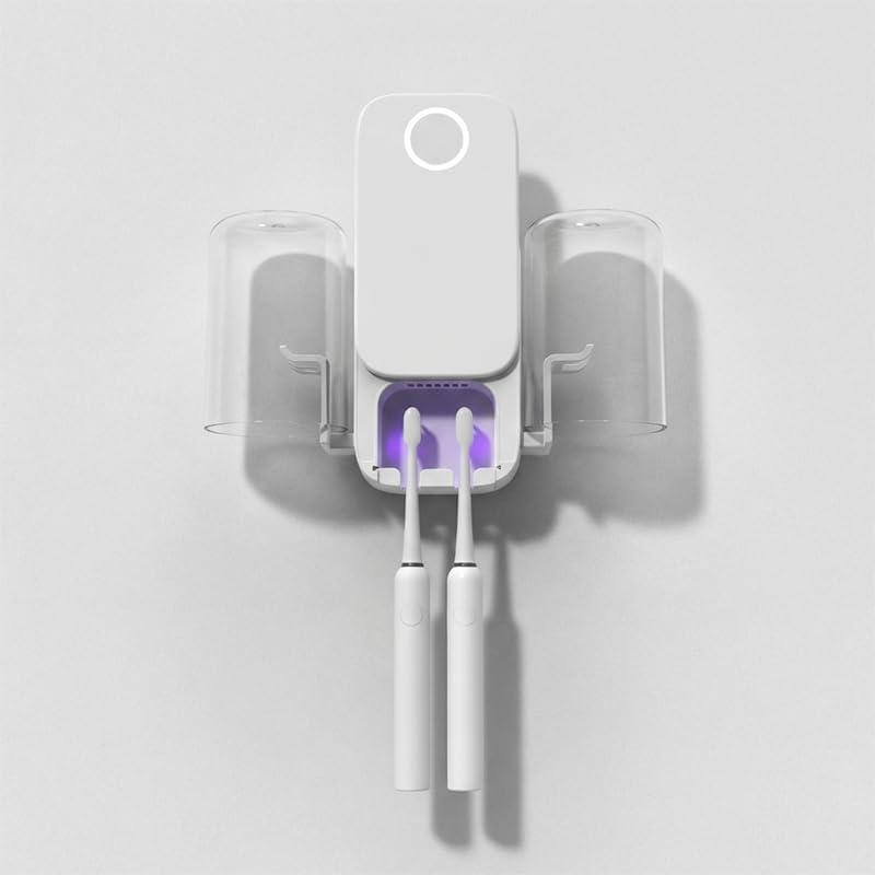 UV Toothbrush Sanitizer Holder Wall Mounted for Bathroom, UVC+UVA Light Cleaning Support with Drying Fan, 2 Toothbrush Slots, Battery Operated or USB Powered
