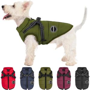 Dog Winter Coat,Warm Jacket Paded Fleece Pet Vest with Built in Harness,Windproof Reflective Cozy Adjustable Snow Pet Coat Clothes with Zipper for Small Medium Large Dogs (Green)