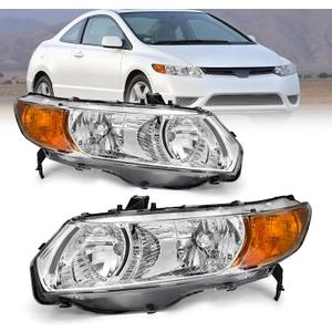 Compatible with 2006 2007 2008 2009 2010 2011 2-Door Civic Headlight Assembly for 06-11 Honda Civic 2-Door Coupe Clear Lens Chrome Housing with Amber Reflector Headlamp Replacement Pair