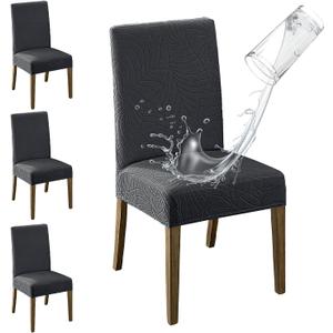 MOSAYT 100% Waterproof Dining Room Chair Covers Set of 4, Super Fit Stretch Jacquard Parson Chairs Slipcovers Removable Washable Chair Seat Protectors for Home, Kitchen, Banquet (Dark Grey)