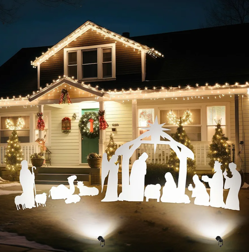 Shellwei 16pcs Large Christmas Outdoor Nativity Scene Set with Lumen Light White Weatherproof Holy Family Outdoor Decorations Nativity Set Lawn Signs for Christmas Holiday Yard Home Decorations