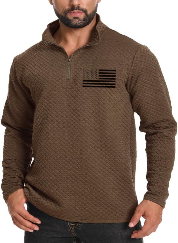 H HYFOL Men's USA Flag Graphic Pullover Waffle 1/4 Zip Stand Collar American Patriotic Sweatshirts (Brown, XXL)