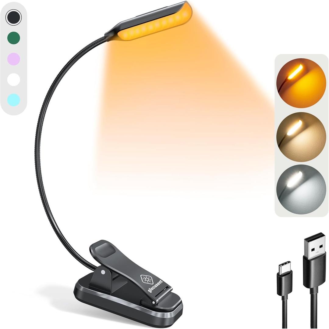 Glocusent Willow Book Light for Reading in Bed, 10LED Bright Reading Light, 3 Colors & 3 Brightness, Rechargeable Book Light Lasts for 80hr, Lightweight Clip on Book Light, Perfect for Book Lovers (Black)