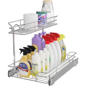 OCG Under Sink Cabinet Organizer Two Tier Pull Out Shelf (11.75W x21D), Under Sink Sliding Shelf for Kitchen Bathroom Cabinet 2 Tier Chrome