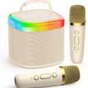 JYX Mini Karaoke Machine for Kids, Portable Bluetooth Karaoke Speaker Unpowered Cabinets with 2 Wireless Microphones and Party Lights for Adults, Birthday Gifts for Girls Boys Family Home Party(Beige)