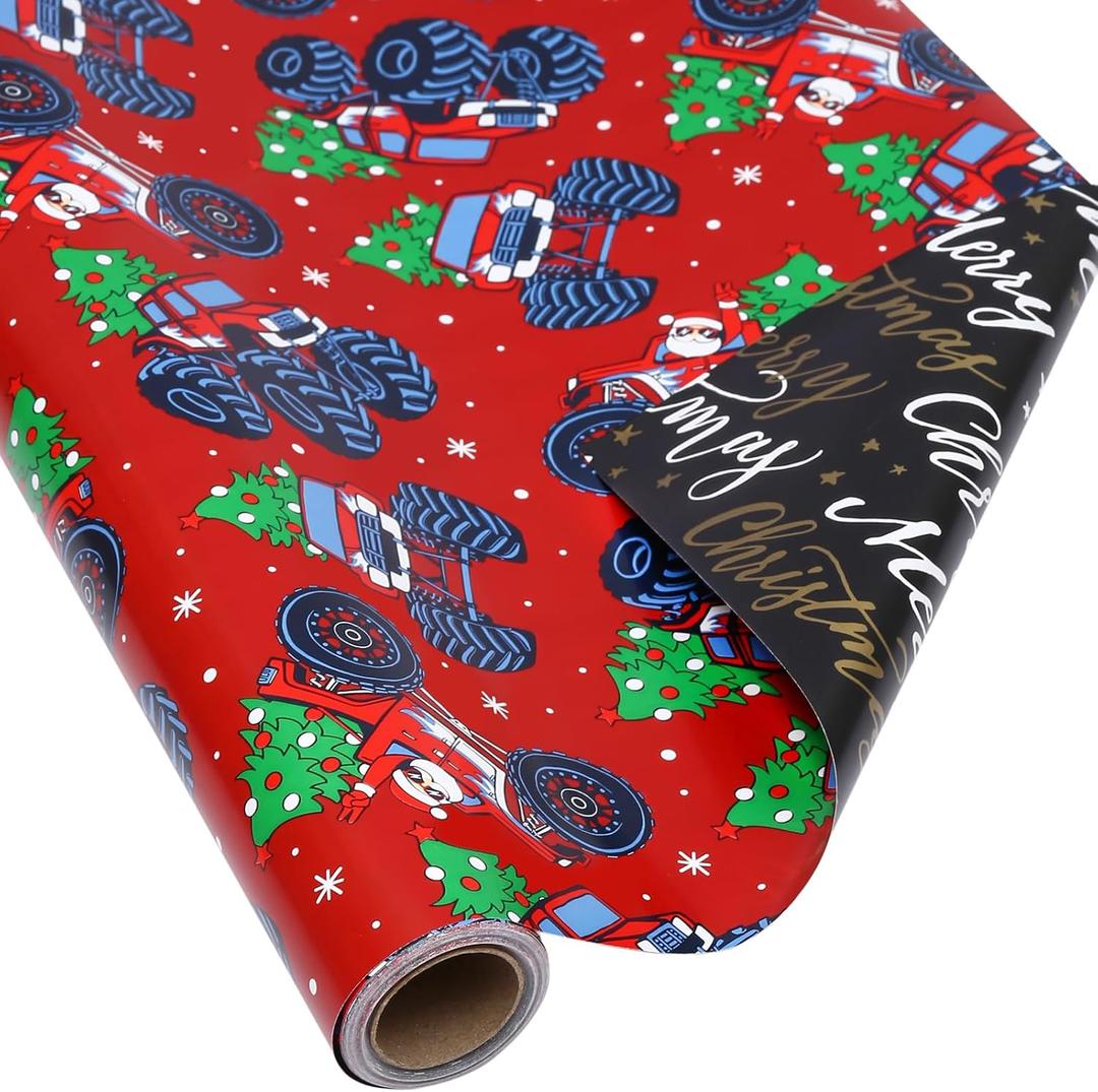 AUCLAY Reversible Christmas Wrapping Paper Roll for Kids Men Women Baby - Red Monster Truck & Santa, Merry Christmas Lettering with Stars in Black - Holiday Gift Wrap Paper, 17.7 Inch X 33 Feet