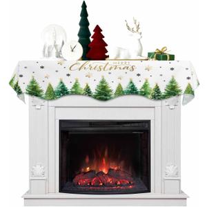 Christmas Mantle Scarf 70x17 Inch, Christmas Tree Fireplace Decorations Winter Xmas Mantel Cover Runner, Xmas Green Tree Snowflake Fireplace Decorations for Living Room