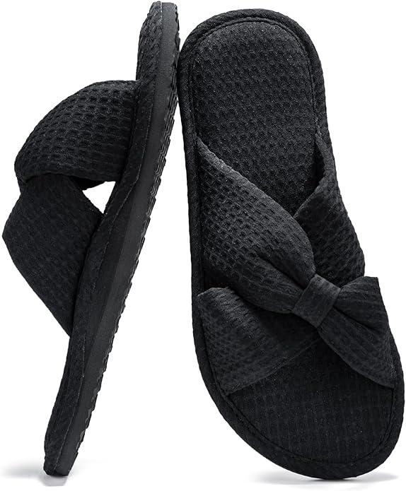 QIGEGE Slippers for Women with Arch Support House Slippers Bedroom Bubble Waffle Knit Fabric Bow Crossbands Slide Sandals Shoes Comfy Trendy Gift, Black Size 8