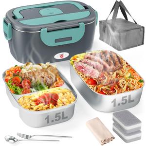 Geveniss Electric Lunch Box for Men, Women & Adults  80W Fast Heating  Heated Lunch Box with Dual 1.5L SS Containers  Portable Food Warmer for Car, Truck, Office