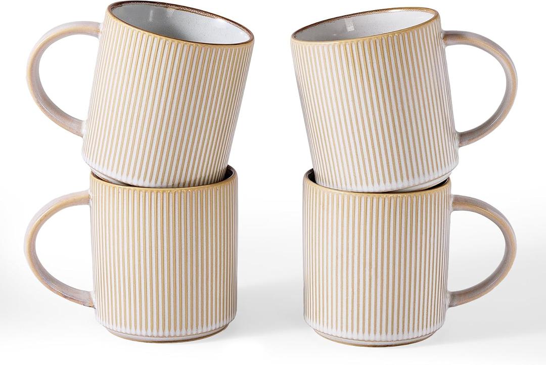 famiware Coffee Mug Set for 4, Star 16 oz Catering Mugs Cup Set with Handle for Coffee, Tea, Cocoa, Milk - Ceramic Stoneware Drinkware Set, Cappuccino White