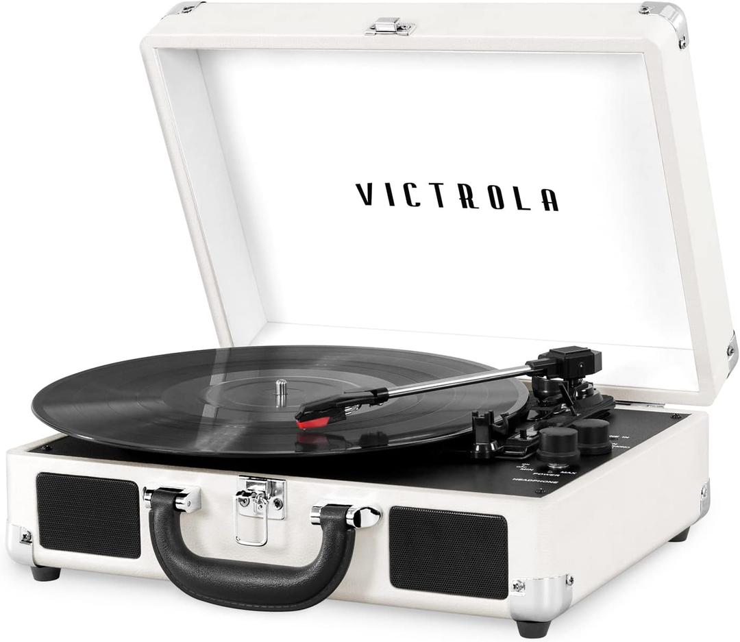 Victrola Journey Bluetooth Portable Suitcase Record Player  with Built-in Speakers, 3 Speed Vinyl Record Player, RCA Out, Headphone Jack, White/Silver
