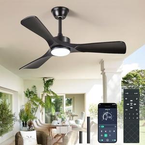 BvenuBigLite Black Ceiling Fan with Light: 42-Inch Ceiling Fan 3 Blades Low Profile Outdoor - Modern Ceiling Fans with Remote APP Control Quiet Reversible DC Motor for Patio Living Room