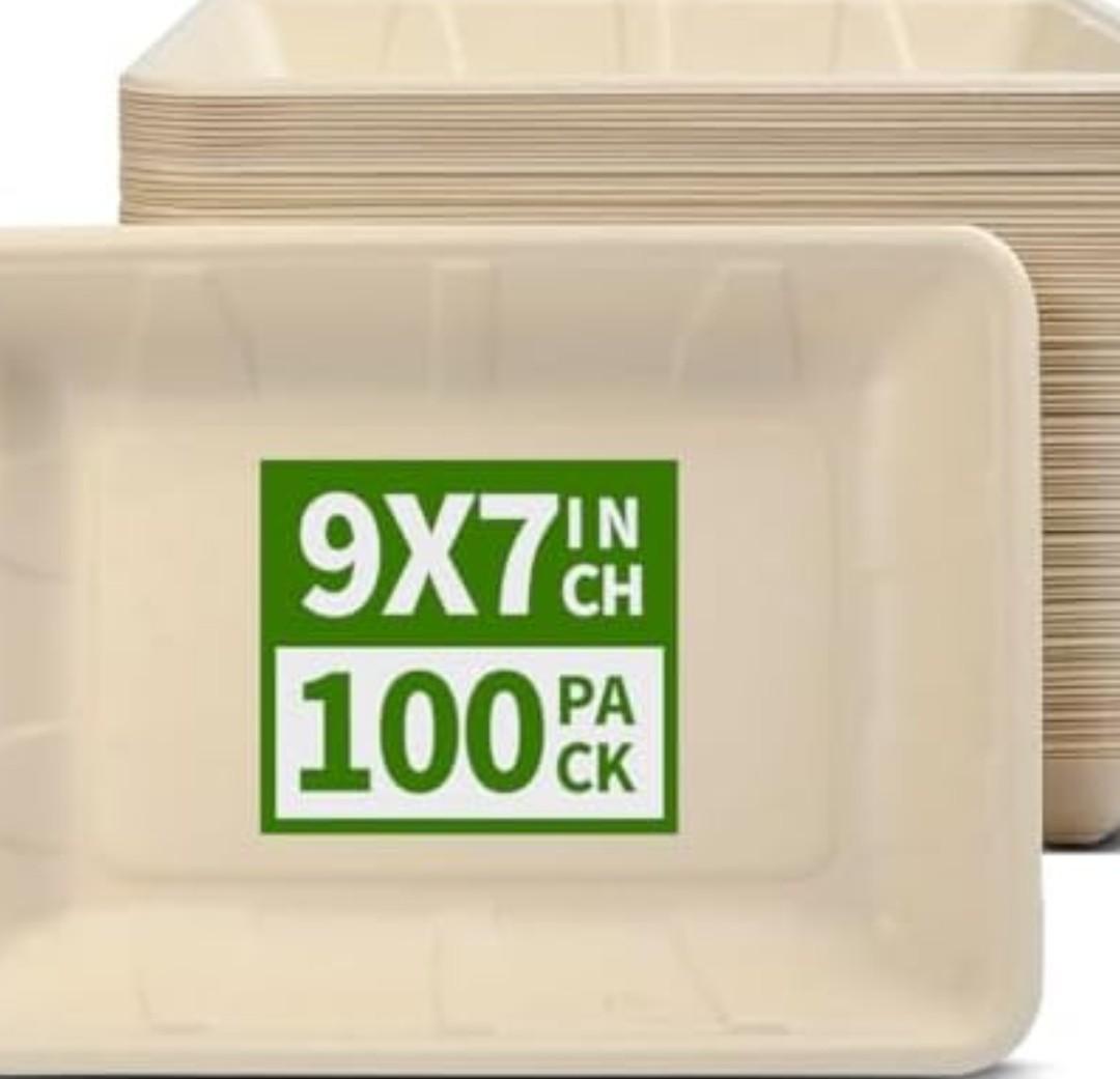 AICHEF 100 Pack 9 x 7 inch Rectangle Paper Plates for Tacos, Pasta, Salads, Pizza Slice, Dessert, 9 inch Disposable Food Trays Camping Picnic Party Use