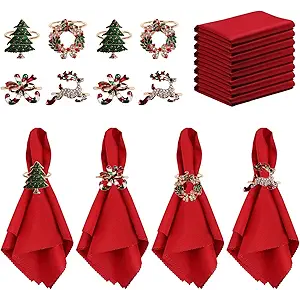 16 Pcs Christmas Napkin and Ring Set,8 Pcs Exquisite Christmas Napkin Ring Holder and 8 Pcs Red Washable Christmas Napkins Cloth for Christmas Holiday Dinner Party Table Decoration