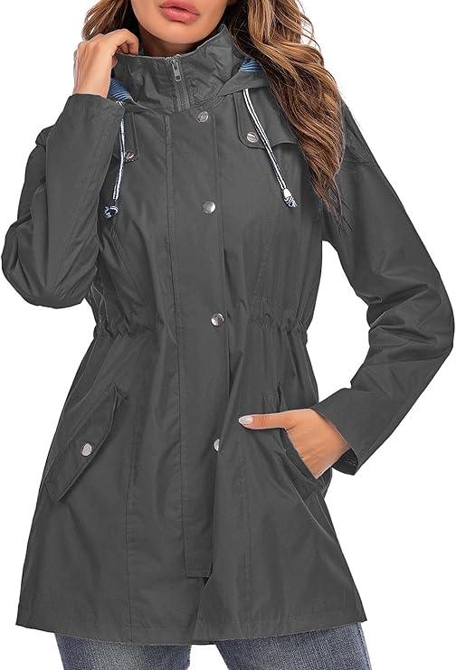 Kikibell Rain Jacket Women Striped Lined Hooded Lightweight Raincoat Outdoor Waterproof Windbreaker
Dark Grey XL