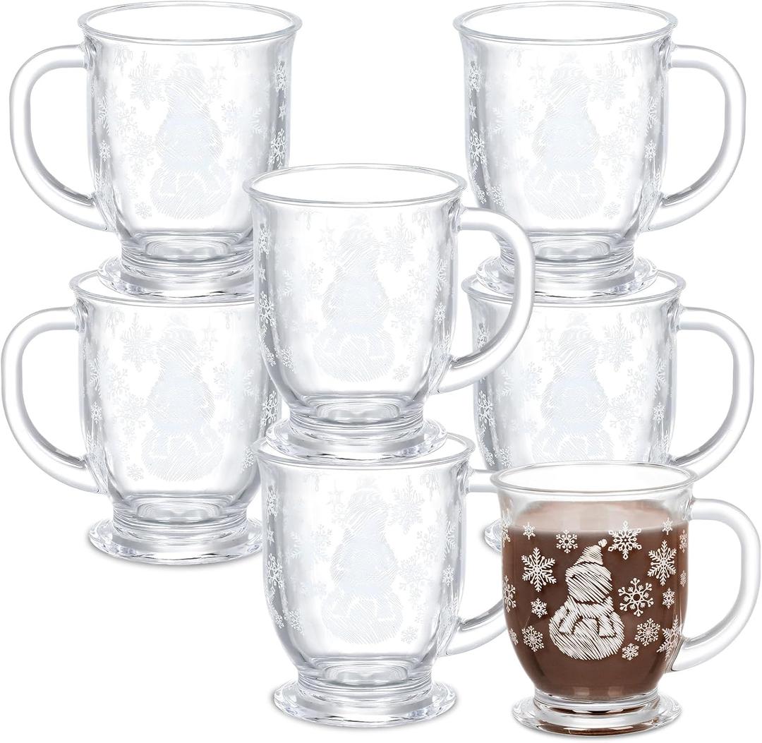 Sliner 6 Pcs Snowman Mugs Coffee Mugs Winter Snowflake Glass Mug with Handle 15 oz Winter Holiday Clear Cups for Chocolate Cocoa Women Men Christmas Gift (White)