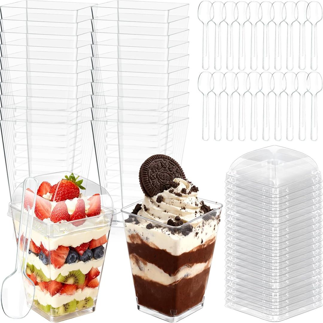 5oz Plastic Dessert Cups with Lids and Spoons, Clear Small Yogurt Parfait Cups with Lids, Mini Dessert Shooter Cups with Spoons, Square Appetizer Cups for Party Fruit Pudding Trifle Ice Cream 20 Pack