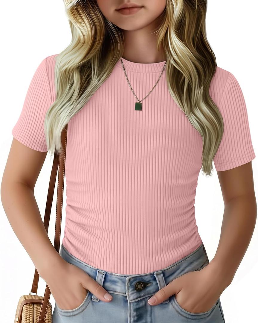 Girls Short Sleeve Ribbed Knit Shirts | Ruched Top, Slim Fit, Casual Crewneck, Basic Tee, Summer, Back to School
