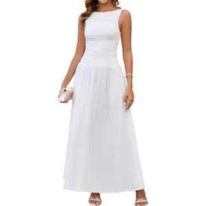 EYNMIN Summer Sleeveless Long Dress Crewneck Ruched Tank Flowy A Line Casual Formal Wedding Guest Dresses for Women (White, L)