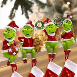 Stocking Holders for Mantle, Green Christmas Stocking Holders for Mantle Set 4, Christmas Green Stockings Hangers