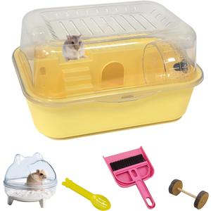 Hamiledyi Dwarf Hamster Cage Clear Plastic Small Hamster Cage Portable Carrier with Water Bottle Exercise Wheel Bathtub Box Set Toy for Dwarf Baby Hamster (Yellow)