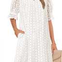 MEROKEETY Women's 2026 Summer Short Sleeve Mini Dress V Neck Ruffle Hollow Out Eyelet Lace Dresses, M