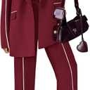 PRETTYGARDEN Women's Fall Spring 2 Piece Blazer Outfits Business Casual Oversized Jacket Wide Leg Work Pants Dressy Suit Set (Medium, Wine Red)