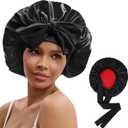 Double Layer Satin Bonnet for Sleeping Women, Reversible Hair Bonnet with Adjustable Tie Band, Non-Slip for Curly Hair
