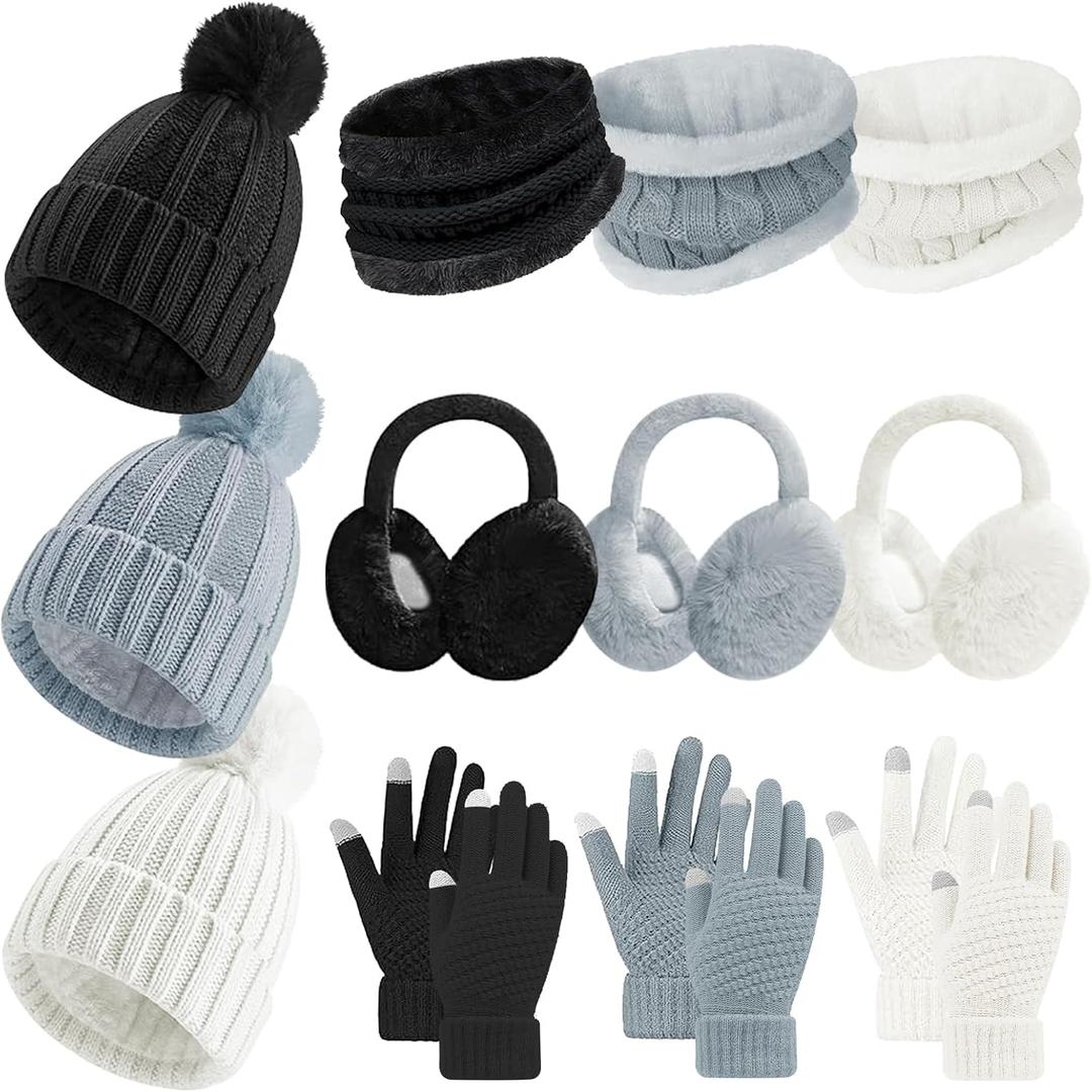12 Pcs Womens Winter Set Beanie Hat Neck Warmer Touchscreen Gloves Earmuffs, Warm & Comfort Cold Weather Gifts for Women (Black,White,Gray)