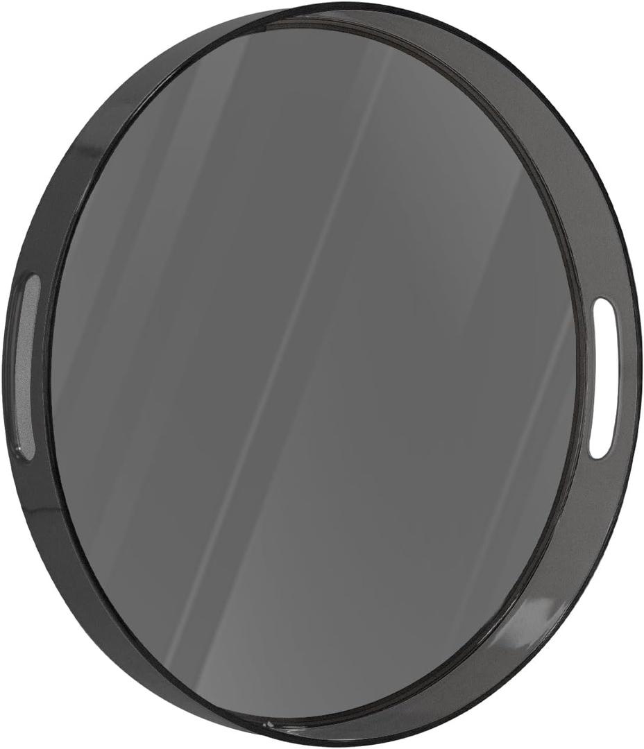 MAONAME Clear Round Serving Tray with Handles, 13" Plastic Clear Tray, Round Black Decorative Trays for Coffee Table, Ottoman, Bathroom, Vanity