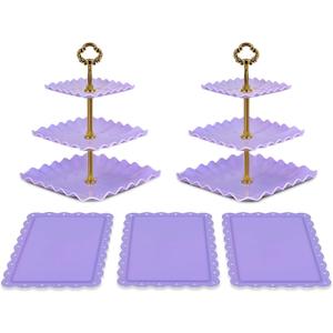 NWK 5 Piece Cake Stand Set with 2 x Large 3-Tier Cupcake Stands, 3 x Appetizer Trays, Perfect for Hosting Wedding Birthday Baby Bridal Shower Tea Party Decorations (Purple)