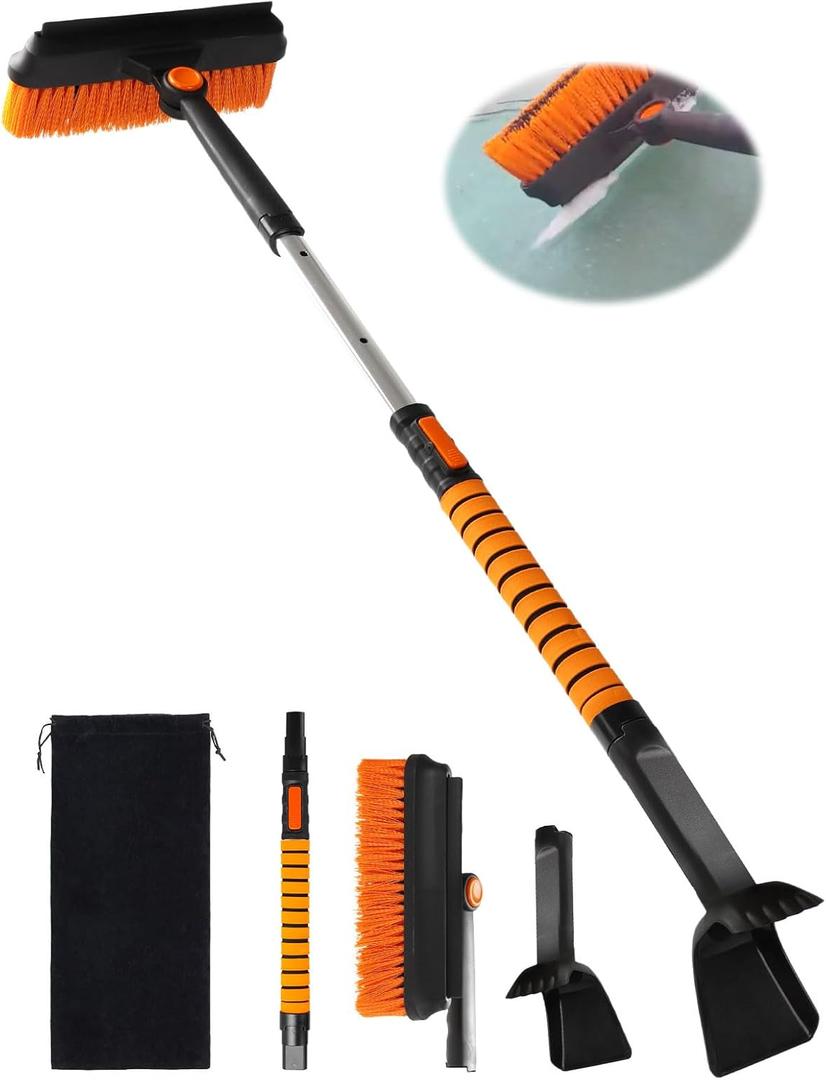 90 Fixed Rotation 3-in-1 Car Snow Brush and Ice Scraper for Cars Windshield with Silicone Squeegee Ergonomic Aluminum Foam Grip Handle 43.3" Extendable for Car Truck SUV Home Winter Snow Removal