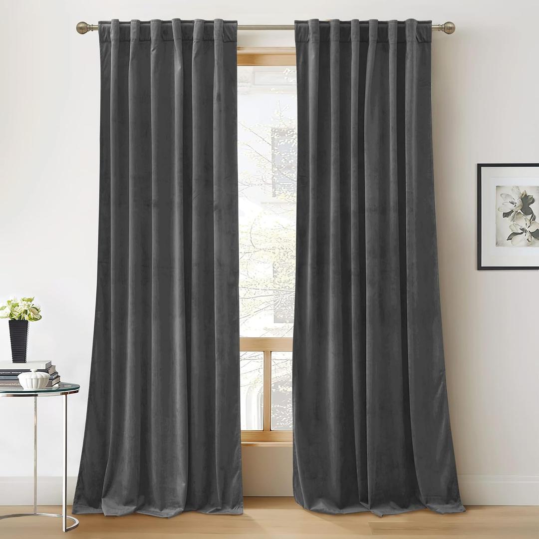 RYB HOME Grey Velvet Curtains 90 inches Long - Super Soft Blackout Curtains Thermal Insulated Drapes Back Tab Style for Bedroom Home Office, Wide 52 x Long 90, Grey, 2 Panels