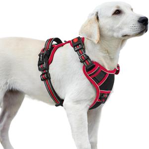 Eagloo Dog Harness for Large Dogs, Easy Wearing with 3 Buckles, Adjustable No Pull Pet Harness with 2 Rings for Walking, No Chock Reflective Soft Padded Vest with Control Handle, Black & Red, L