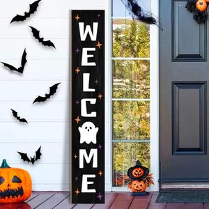 Halloween Welcome Sign Porch Outdoor Wooden Signs Ghost Large Standing Home Front Door Yard Party Decor 48x8 Inch