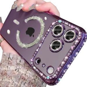 Magnetic Clear Glitter Case for iPhone 17 Pro Max,[Compatible with MagSafe] Cute Bling Sparkly Diamond Rhinestone with Camera Protector TPU Bumper Women Girl Case for iPhone 17 Pro Max, Purple